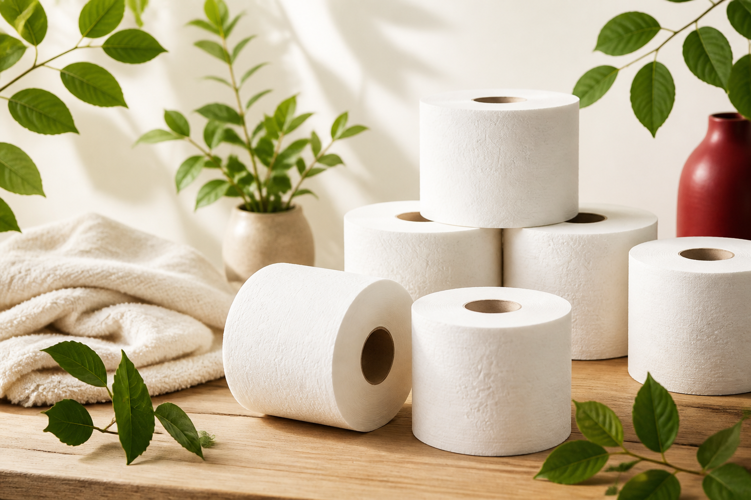 Soft white toilet tissue rolls in a warm natural setting