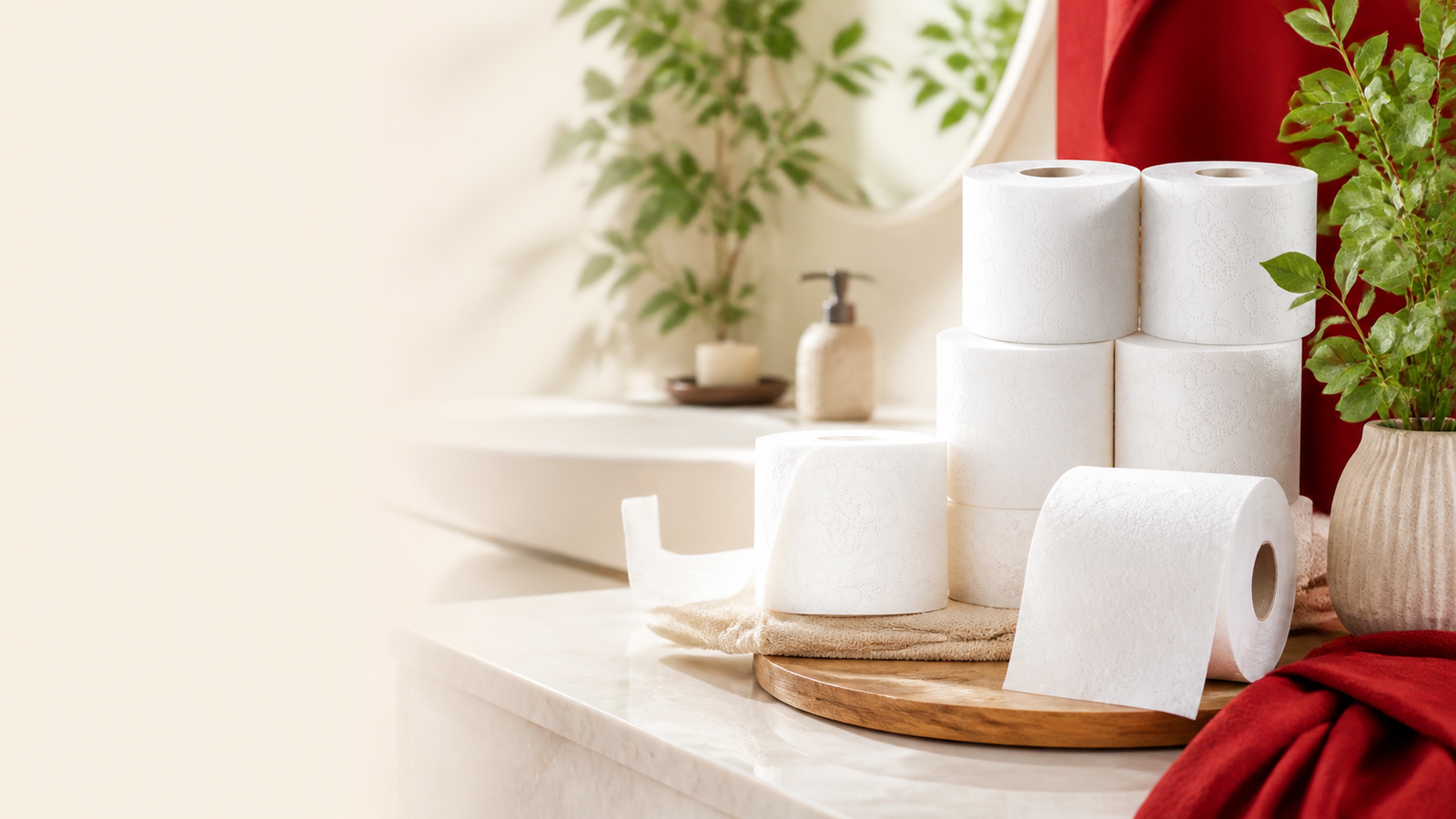 Premium bathroom scene with soft white toilet tissue and warm natural light