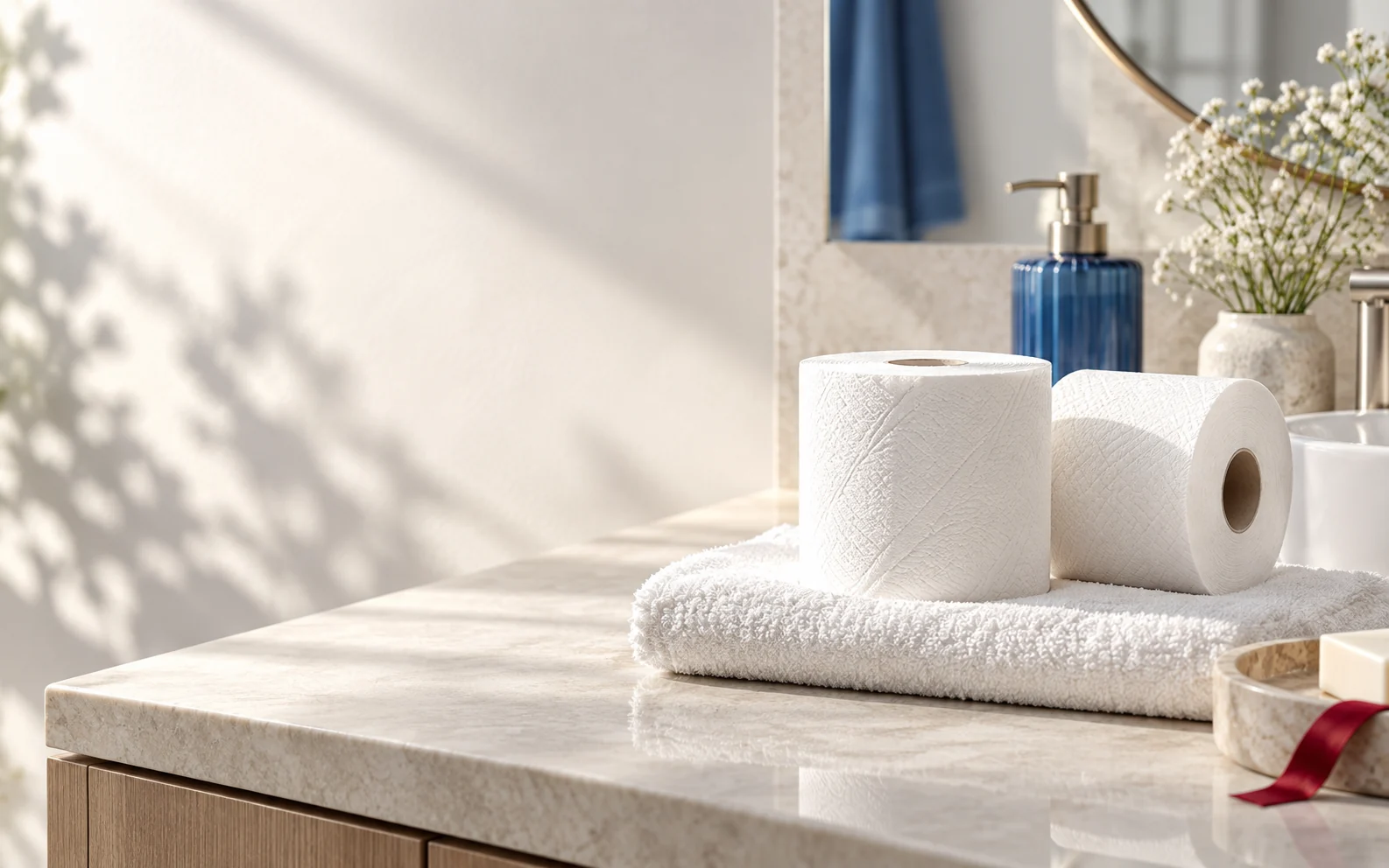 A calm contemporary bathroom with softly lit white toilet tissue