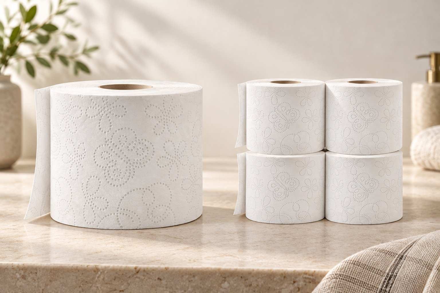 One Ariella mega toilet tissue roll beside four regular rolls