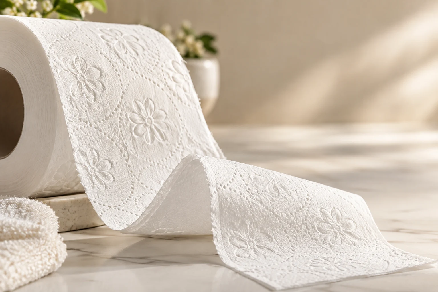 Close-up of softly embossed white toilet tissue in warm daylight
